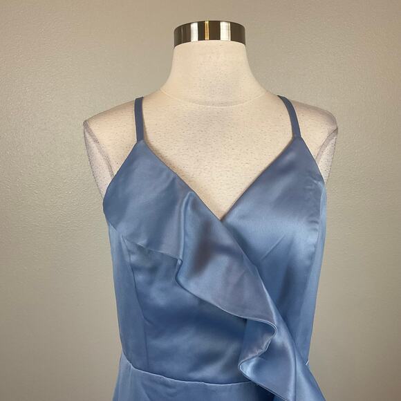 DKNY Satin Ruffled High Low Evening Gown Blue Size 16 Sleeveless V-Neck Dress - Picture 7 of 13